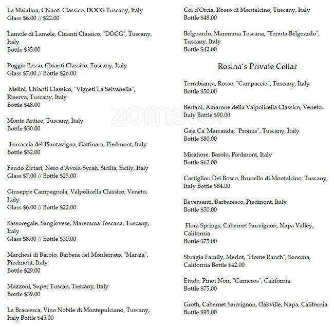 Menu at Rosina's Italian Restaurant at Rancho Del Oro, Oceanside, Ocean