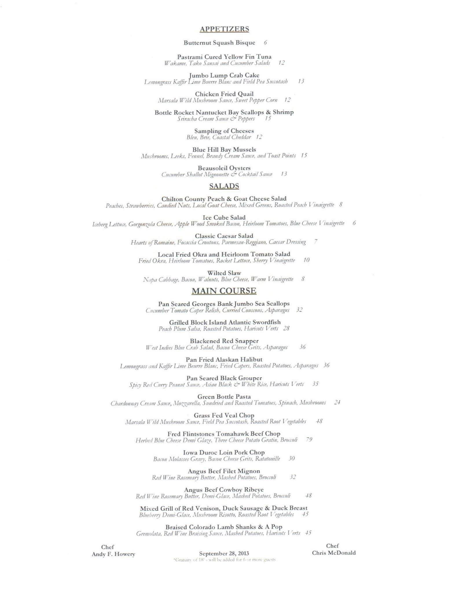 Menu at The Bottle restaurant, Huntsville