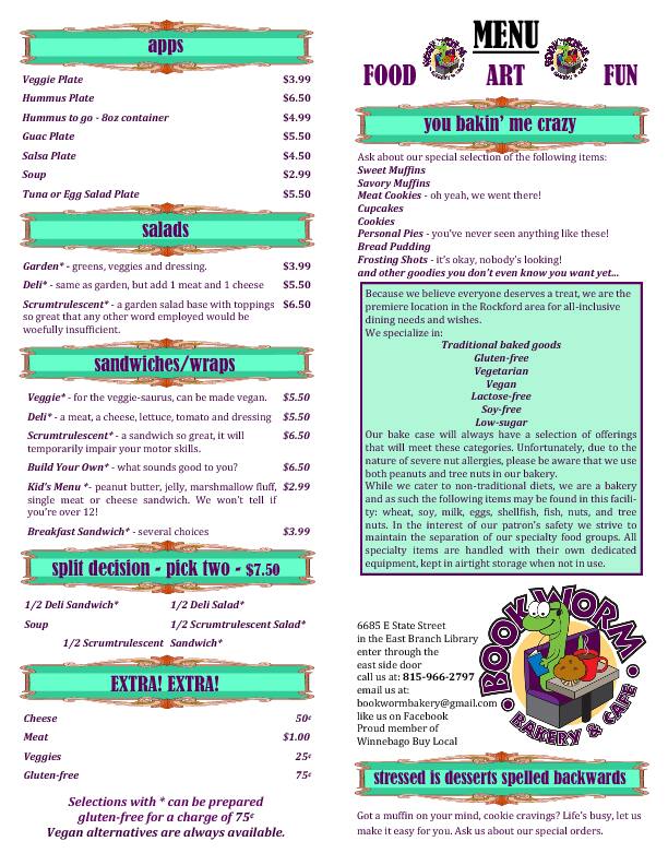 Menu at Bookworm Alt Bake & Catering, Rockford