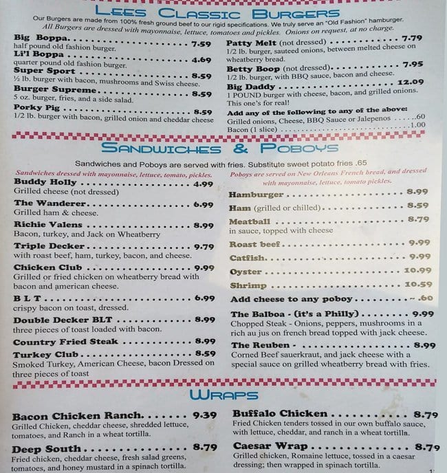 Menu at Lee's Diner restaurant, Hammond, 311 W Thomas St