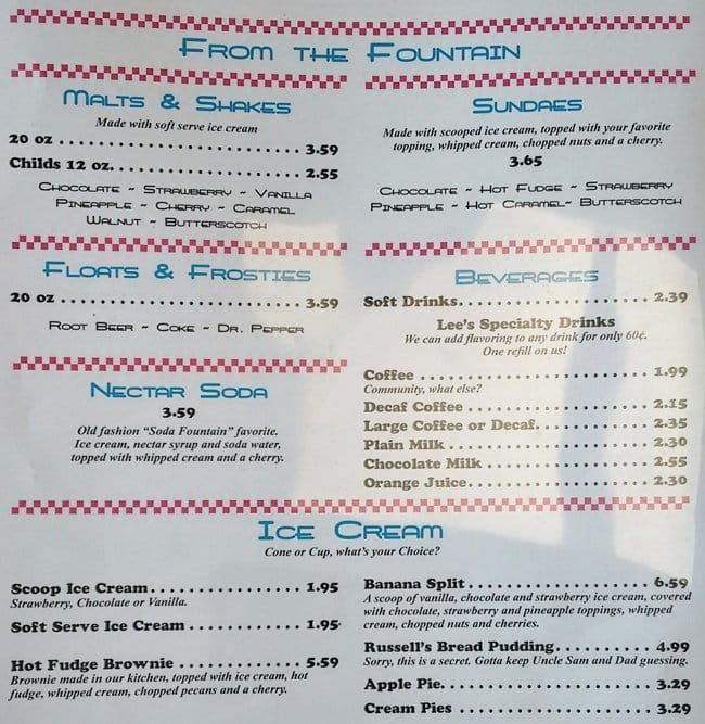 Menu at Lee's Diner restaurant, Hammond, 311 W Thomas St