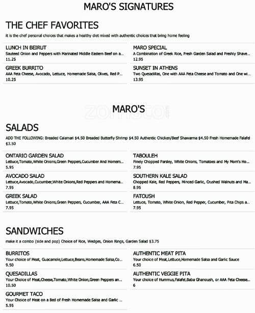 Maro's Menu, Menu for Maro's, Oakville, Toronto - Urbanspoon/Zomato