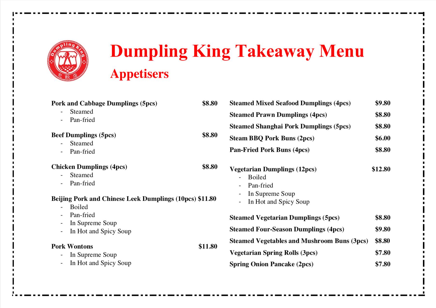Menu at Dumpling King fast food, Box Hill