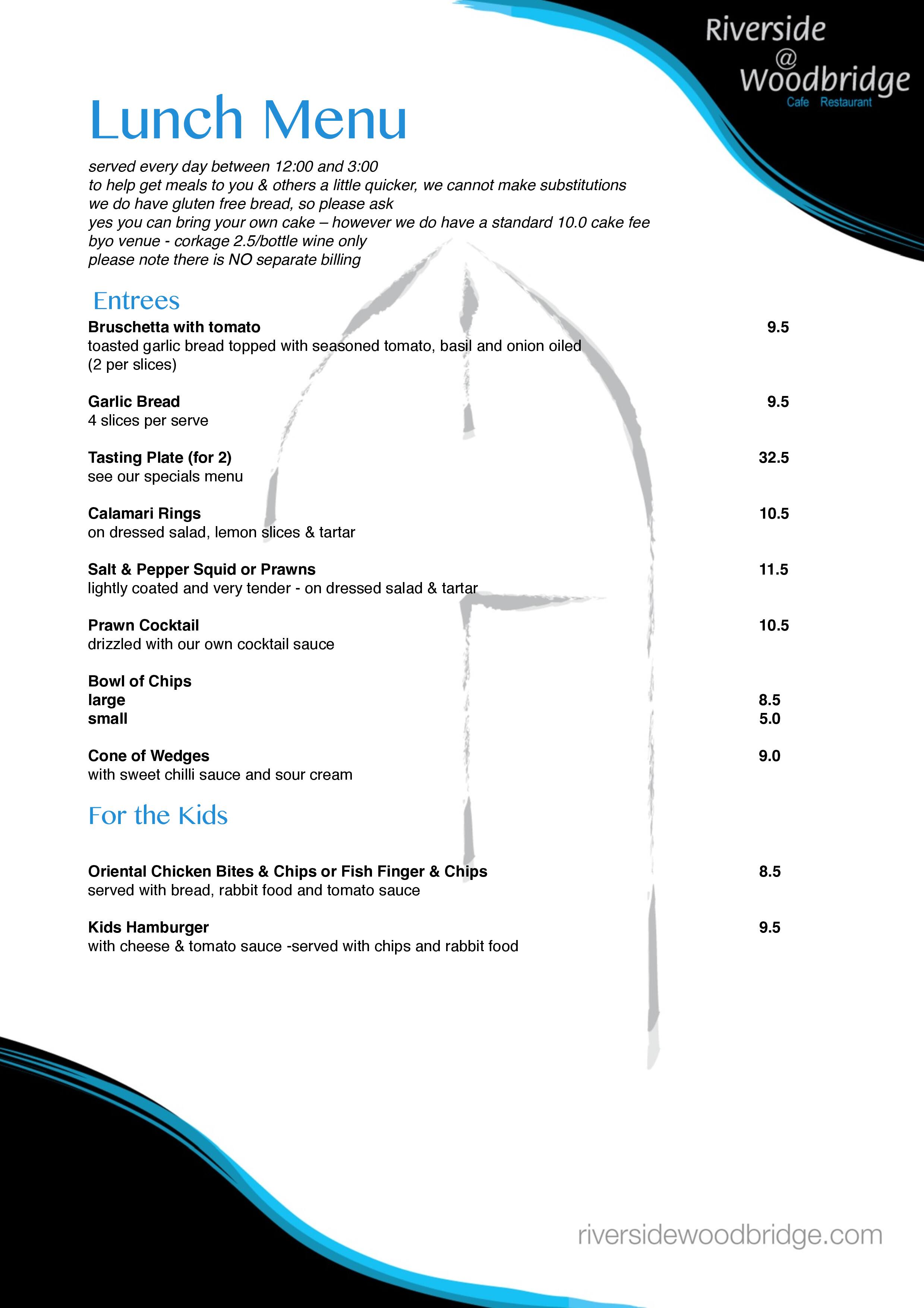 Menu at Riverside at Woodbridge cafe, Woodbridge