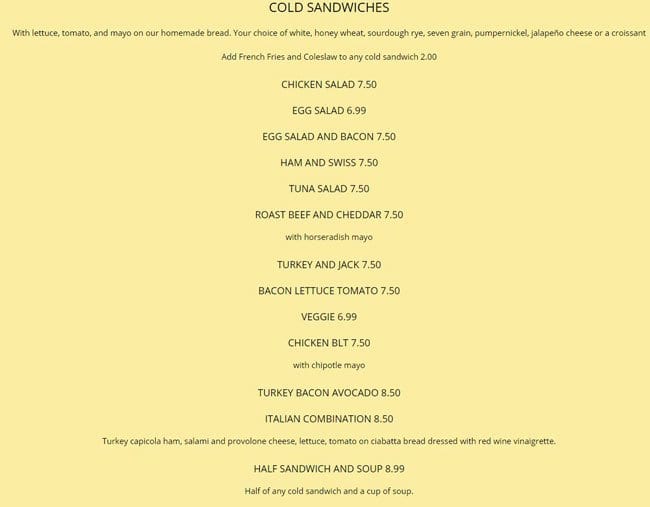 Menu at The Sunflower Bakery & Cafe, Galveston