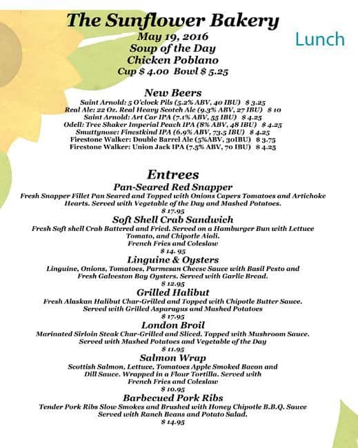 Menu at The Sunflower Bakery & Cafe, Galveston