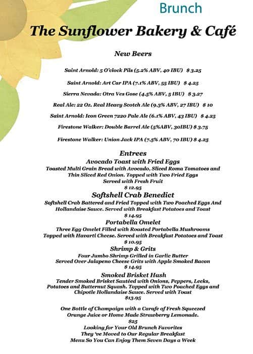 Menu at The Sunflower Bakery & Cafe, Galveston