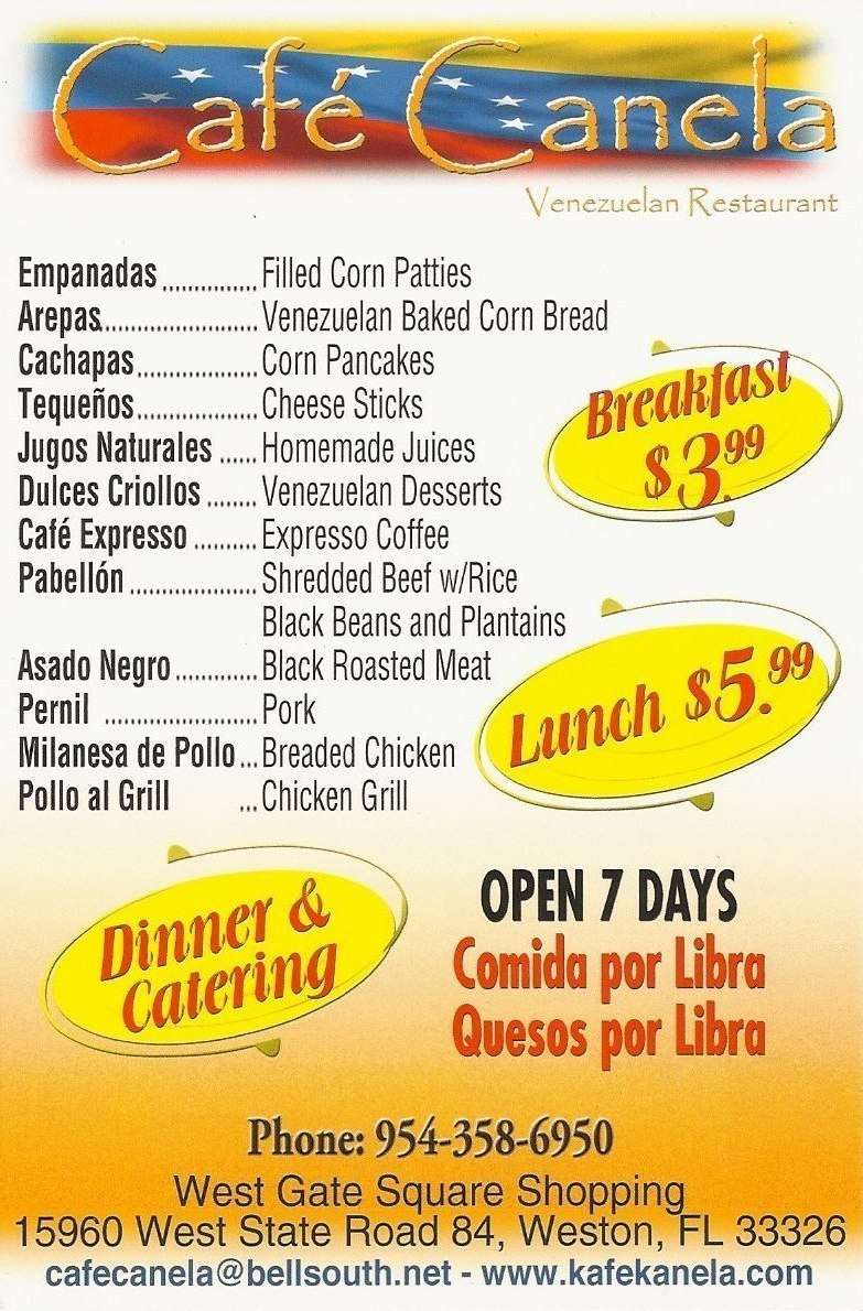 Cafe Canela Menu,Menú para Cafe Canela, Weston/Southwest