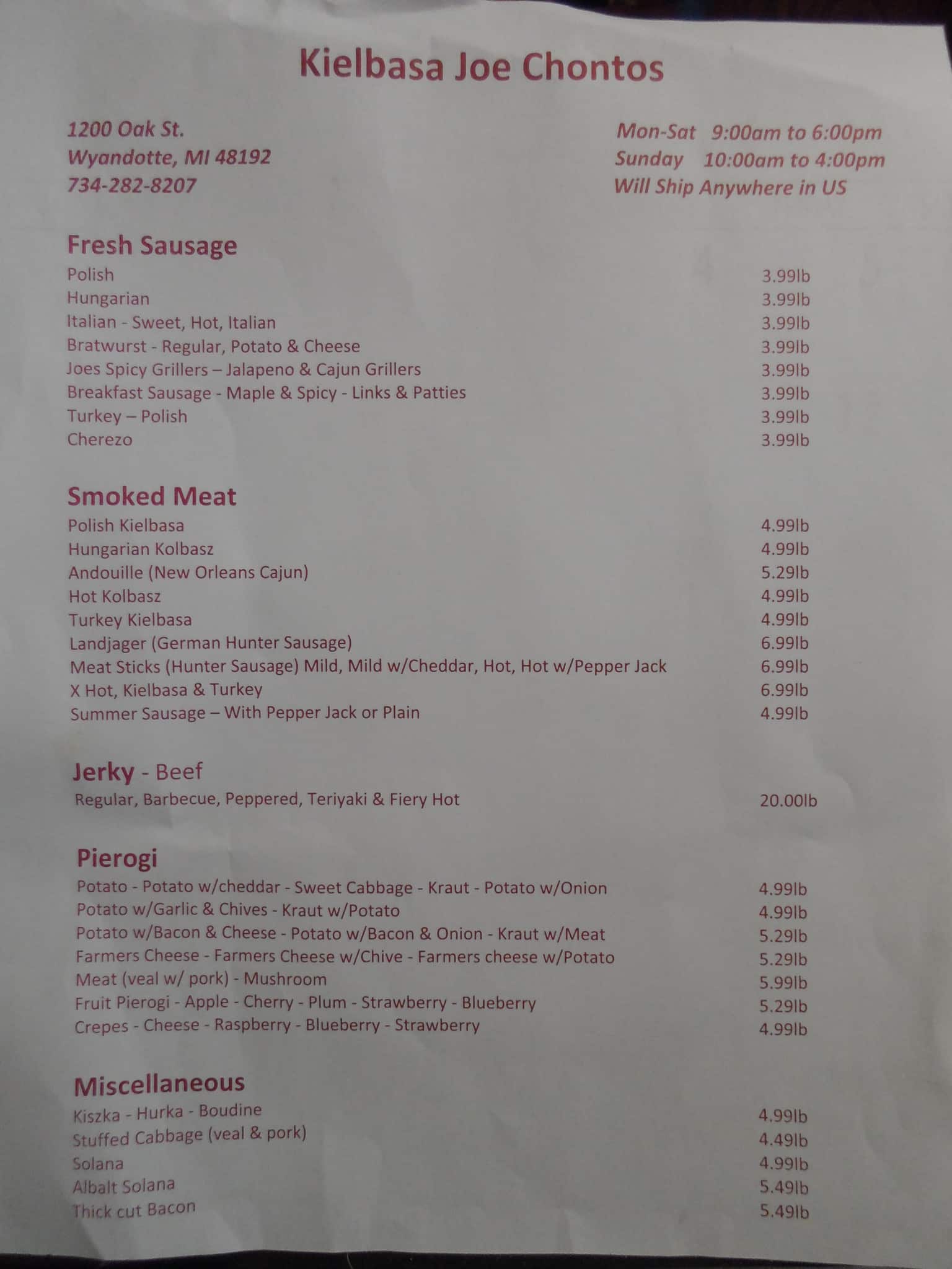 Kielbasa Joe's Menu, Menu for Kielbasa Joe's, Wyandotte, Detroit