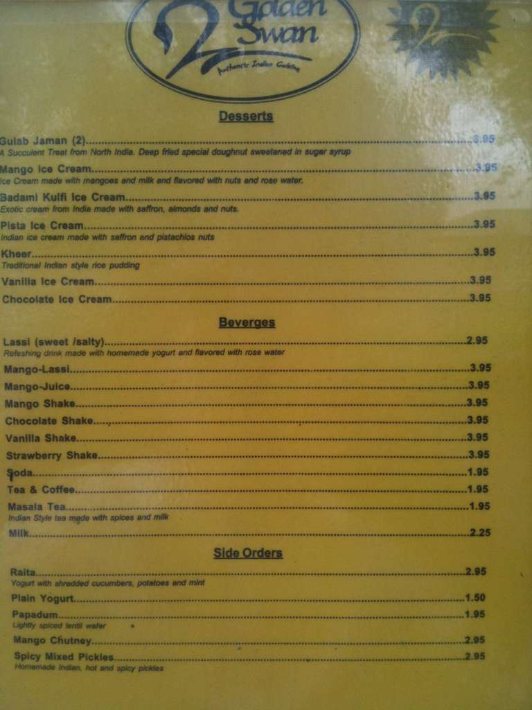 Golden Swan Indian Cuisine Menu