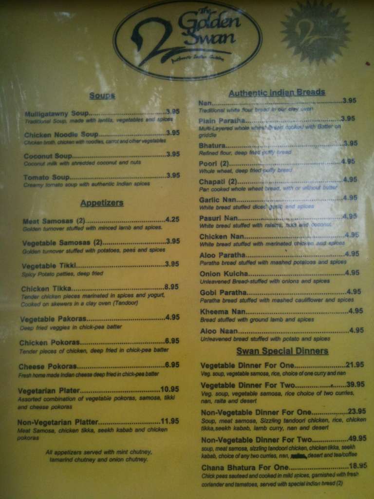 Golden Swan Indian Cuisine Menu