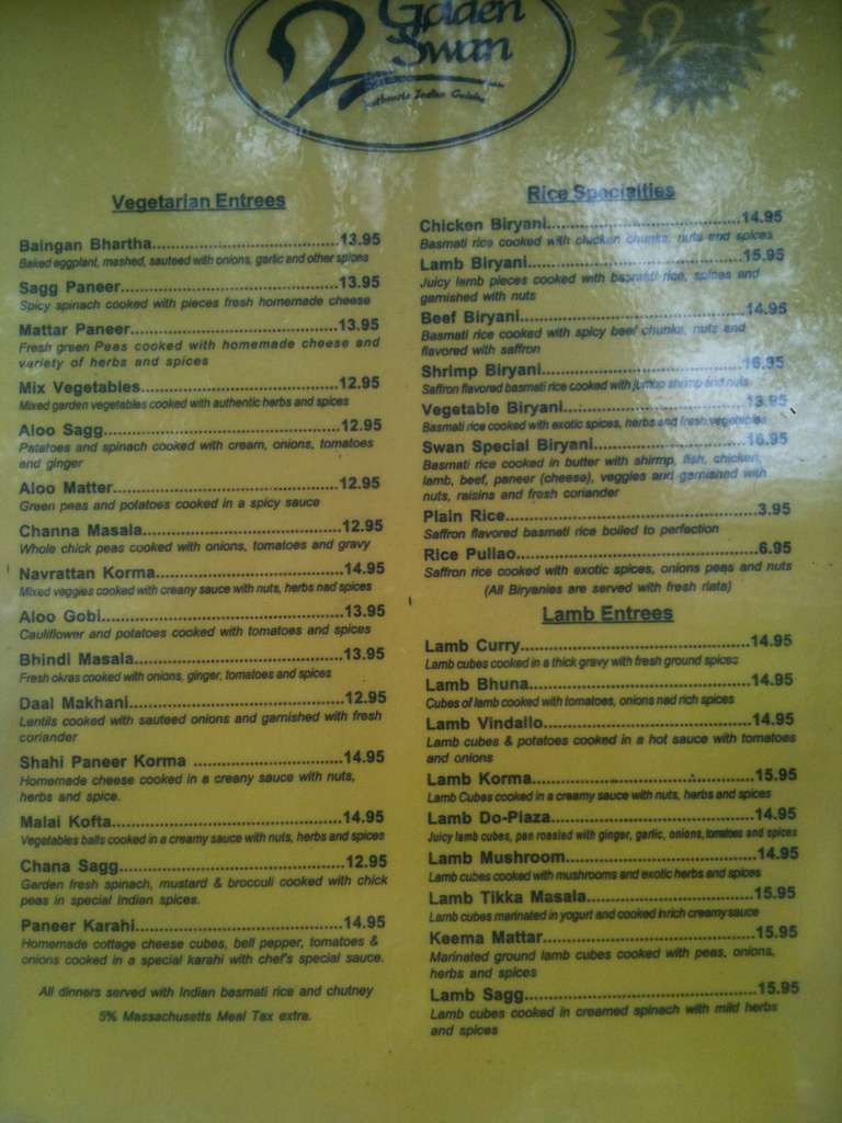 Golden Swan Indian Cuisine Menu