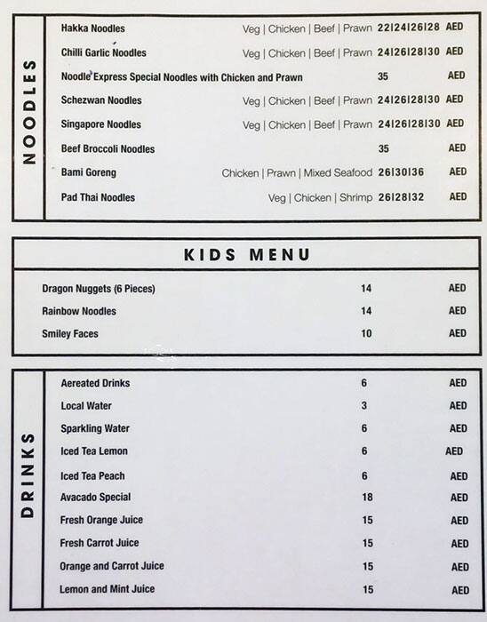 Menu at Noodle Express Food Court restaurant, Dubai