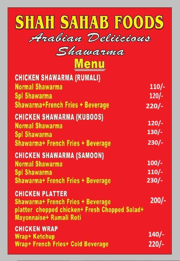 Menu of Shah Sahab Foods, Chandrayanagutta, Hyderabad