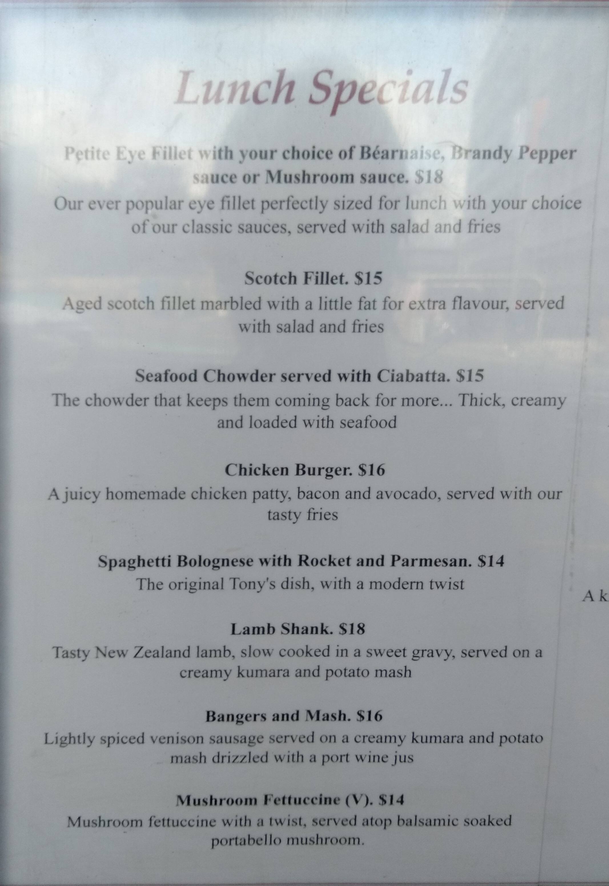 Menu at Tony's Original Steak & Seafood Restaurant, Auckland