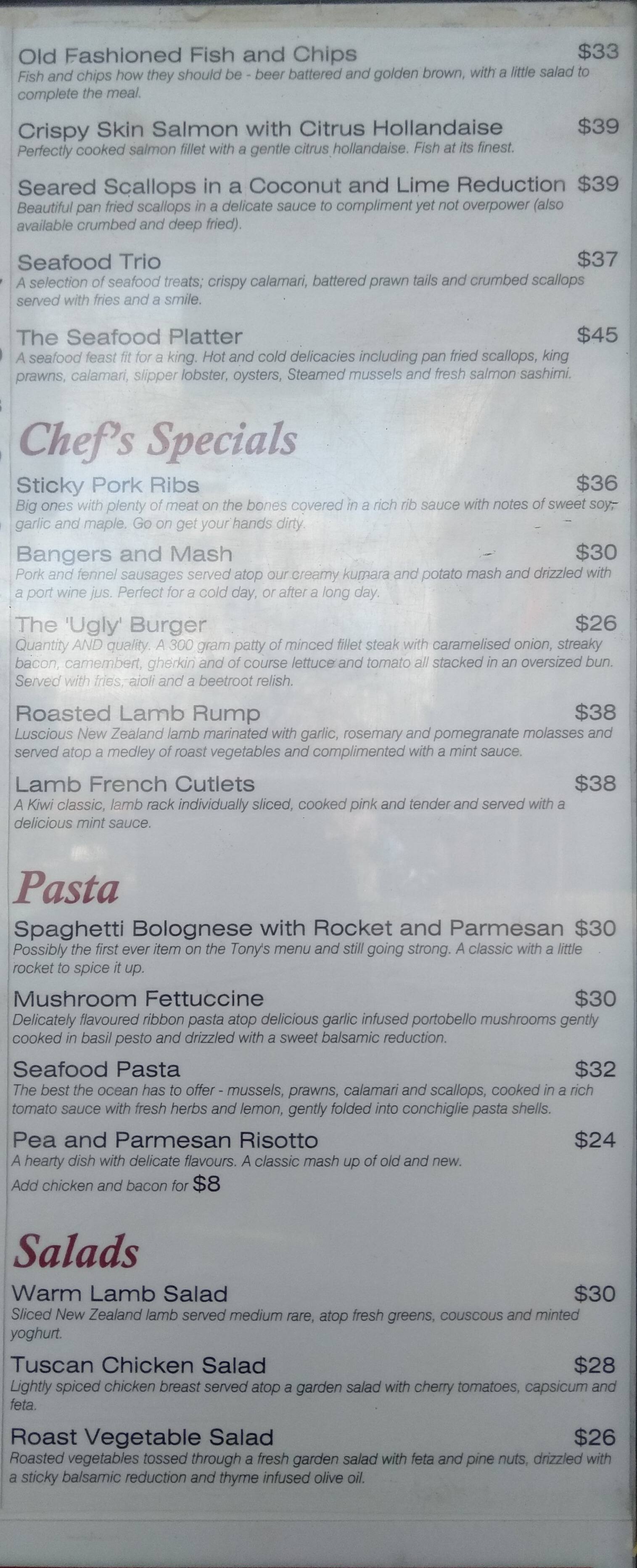 Menu at Tony's Original Steak & Seafood Restaurant, Auckland