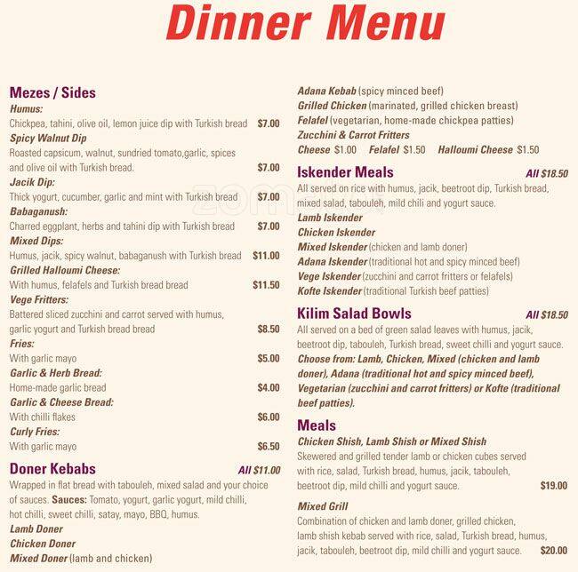 Kilim Menu, Menu for Kilim, Petone, Wellington Menumania/Zomato