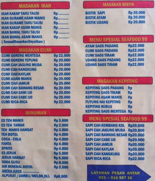 Seafood 99 Menu, Menu untuk Seafood 99, Pondok Gede 