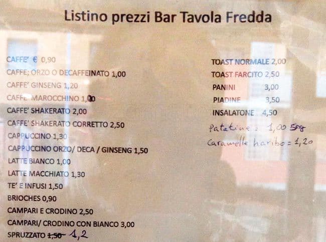 Menu di Bar Tavola Fredda 