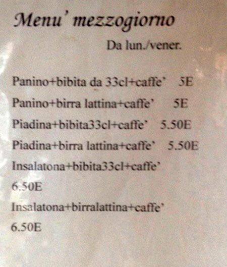 Menu di Bar Tavola Fredda 