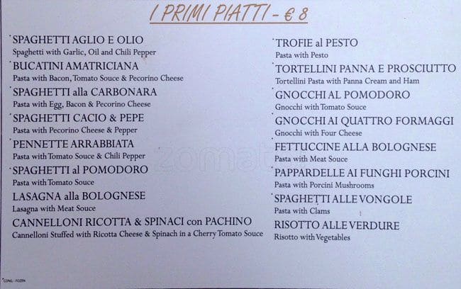 Menu di Pizzeria Ristorante The Mirror is now called Sonnino 