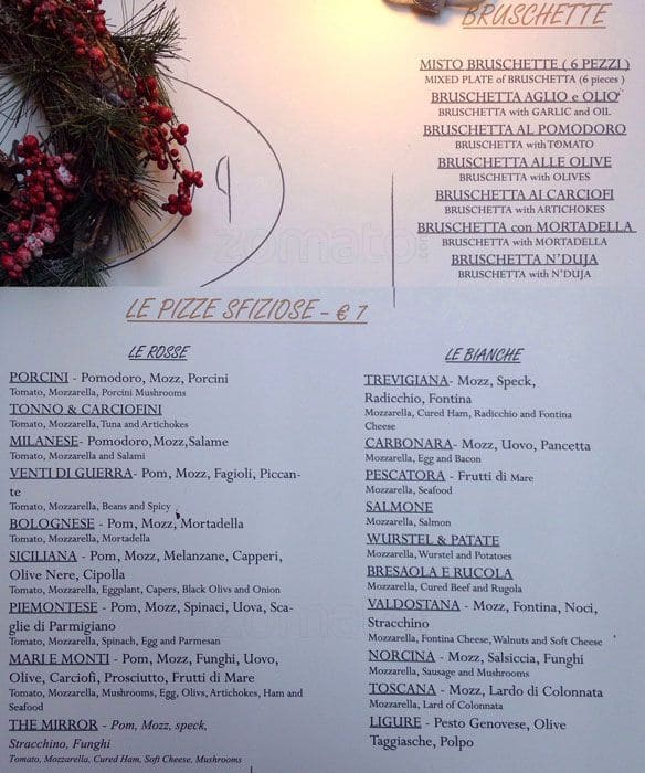 Menu di Pizzeria Ristorante The Mirror is now called Sonnino 