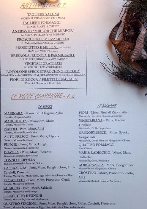 Menu di Pizzeria Ristorante The Mirror is now called Sonnino 