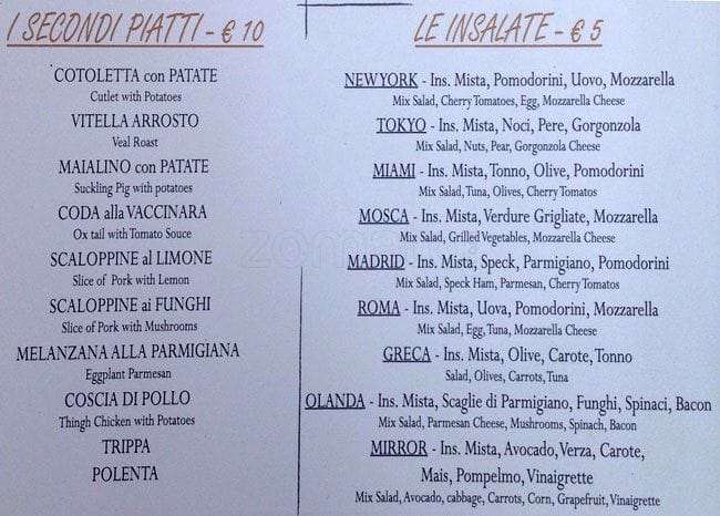 Menu di Pizzeria Ristorante The Mirror is now called Sonnino 
