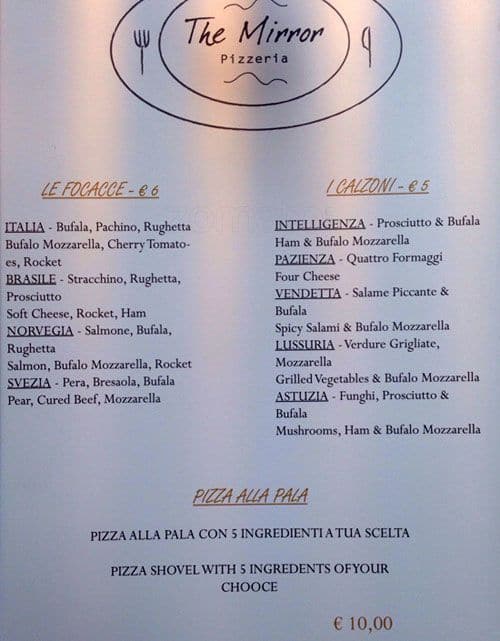 Menu di Pizzeria Ristorante The Mirror is now called Sonnino 