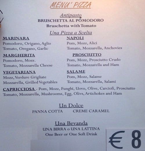 Menu di Pizzeria Ristorante The Mirror is now called Sonnino 