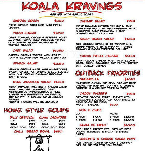 Menu at Boomerangs Cafe, Port Alberni