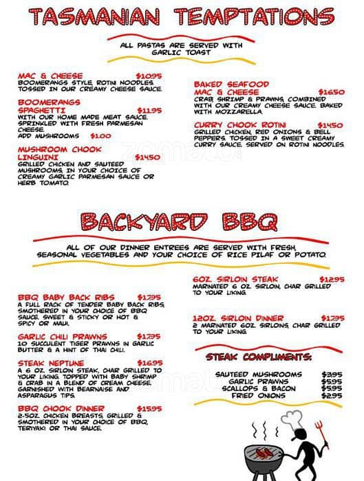 Menu at Boomerangs Cafe, Port Alberni