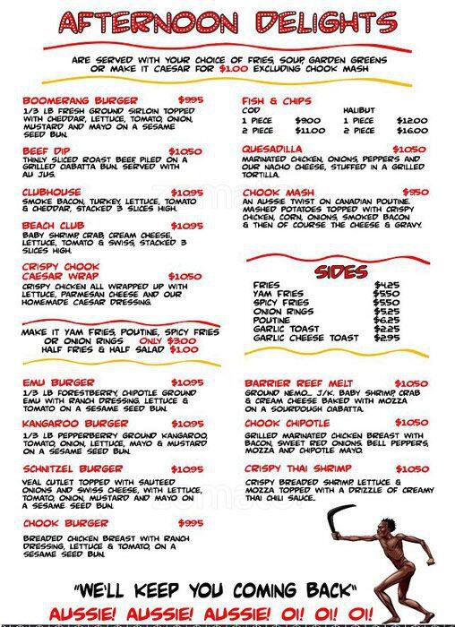 Menu at Boomerangs Cafe, Port Alberni