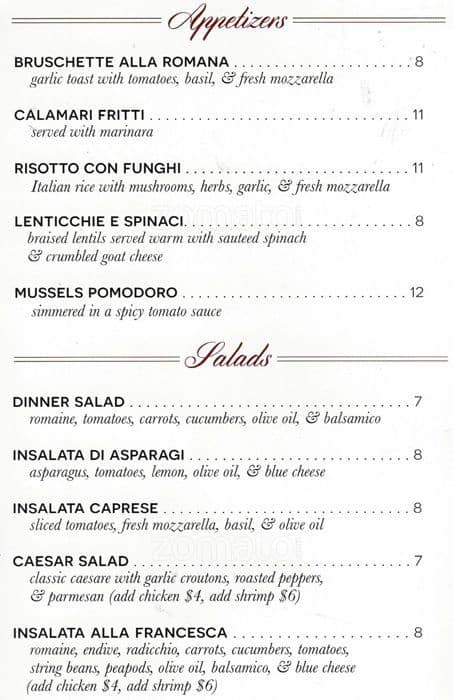 Menu at Francesca's on 95th restaurant, Oak Lawn