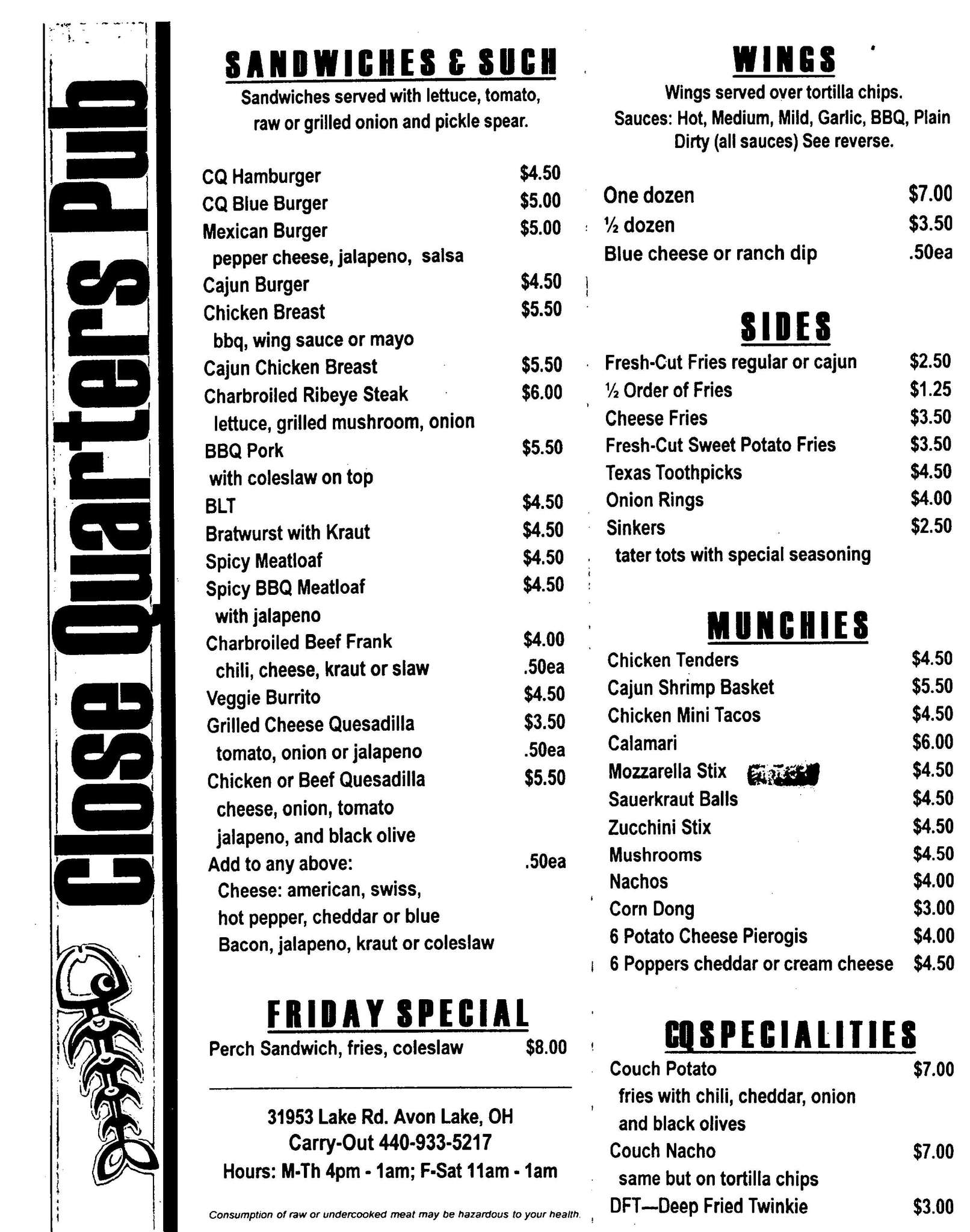 Menu at Close Quarters Pub, Avon Lake