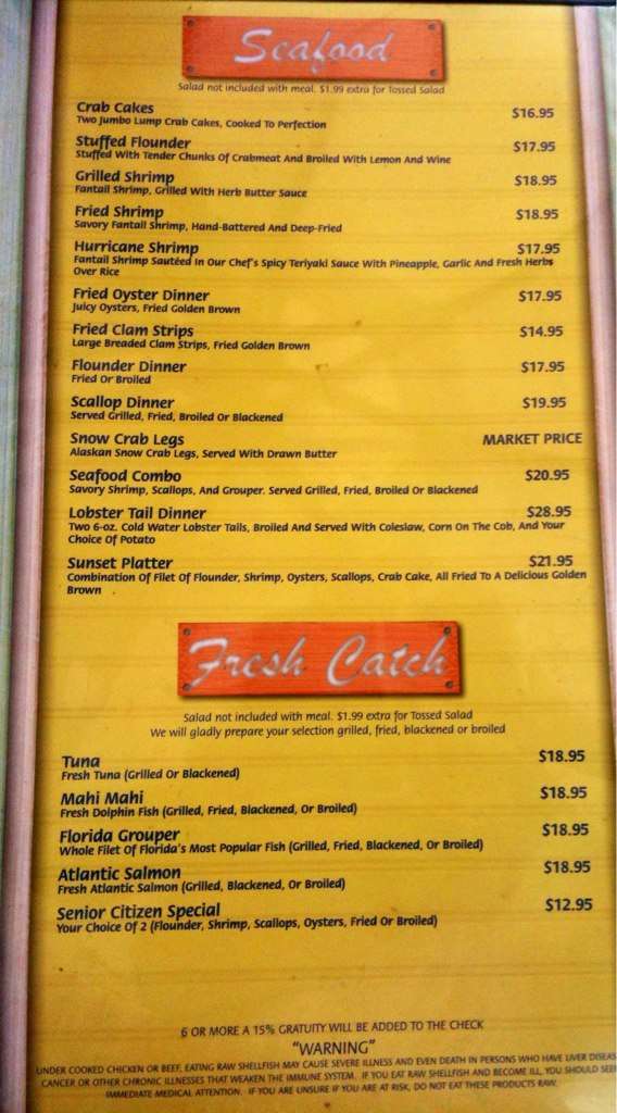 Menu at Sunset Cafe, Cocoa Beach
