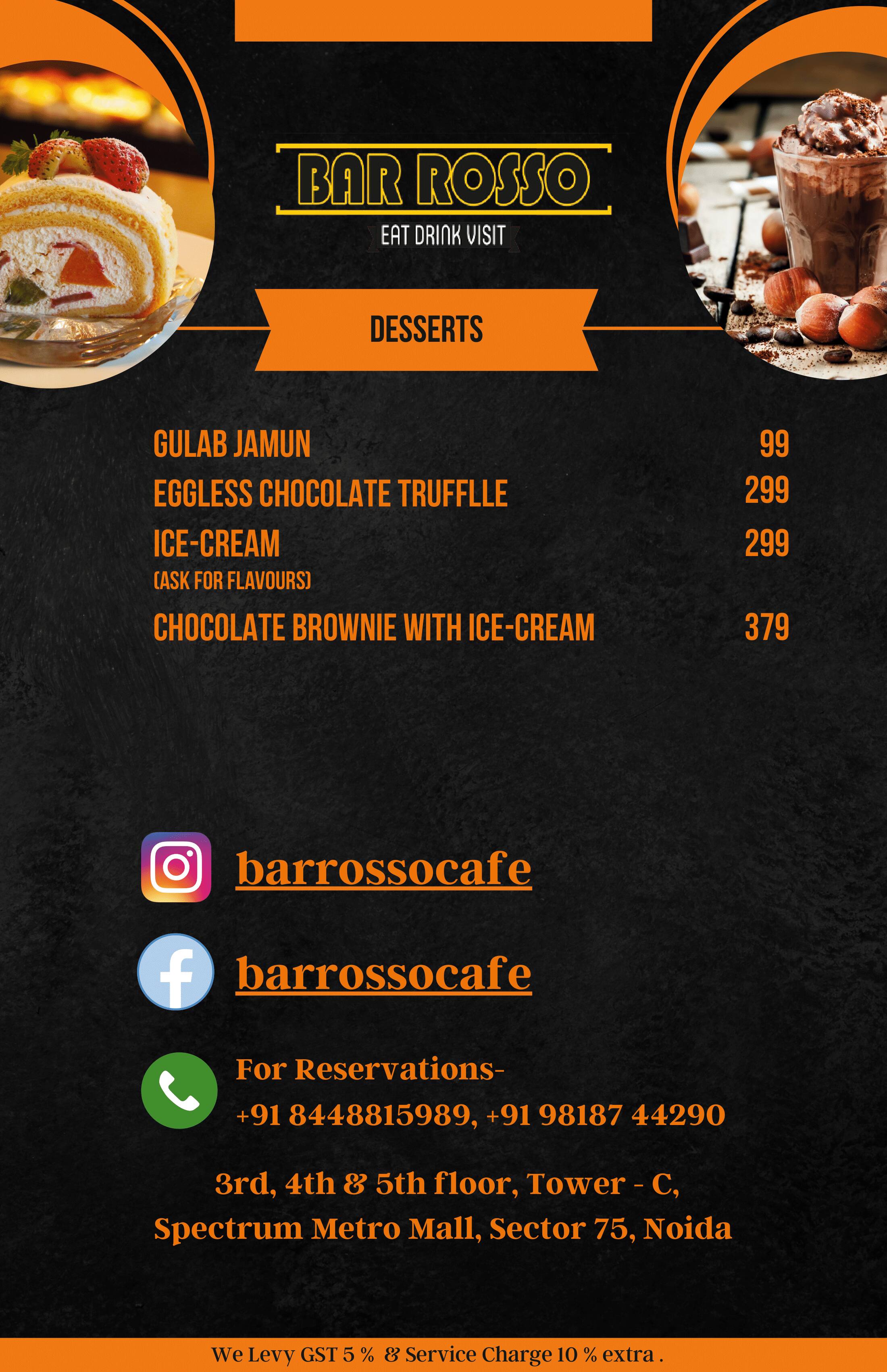 Menu of Bar Rosso Cafe, Sector 75, Noida