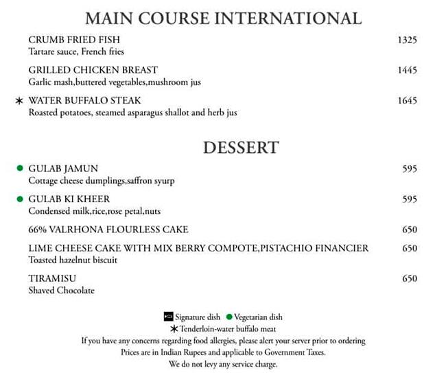 Menu at Playground, Delhi