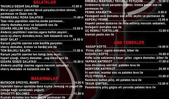 Menu at Matador, Istanbul