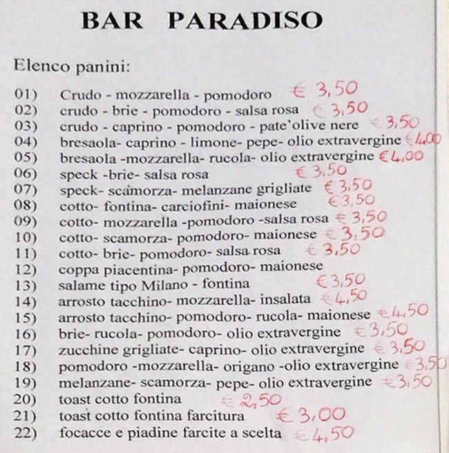 Menu di Bar Paradiso 