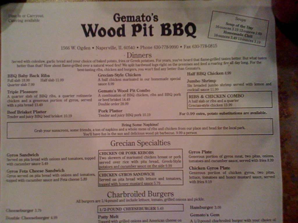 Gemato's Wood Pit BBQ a Chicago Foto del Menu con Prezzi Urbanspoon