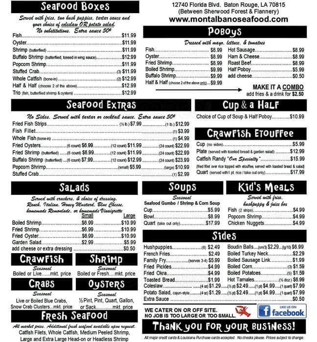 Menu at Montalbano's Seafood & Catering restaurant, Baton Rouge