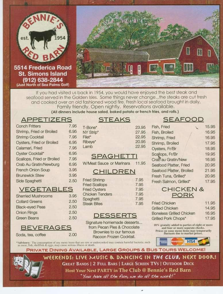 Bennies Red Barn Menu