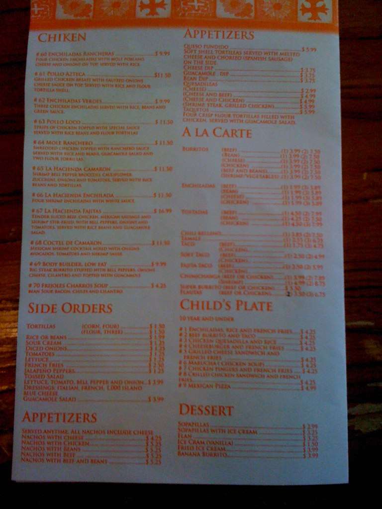 Menu at Hacienda Real restaurant, Eunice