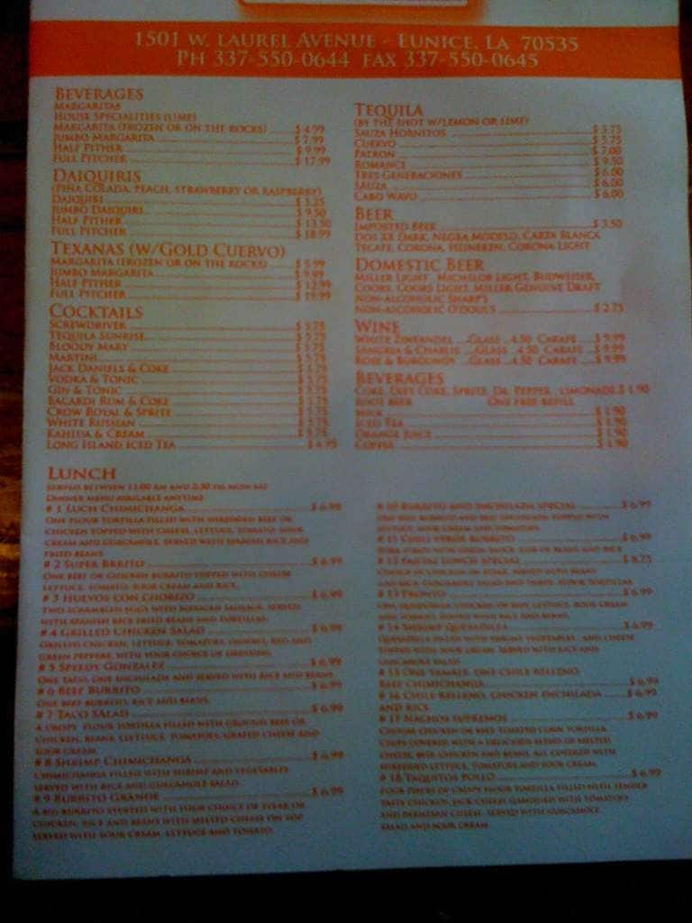 Menu at Hacienda Real restaurant, Eunice