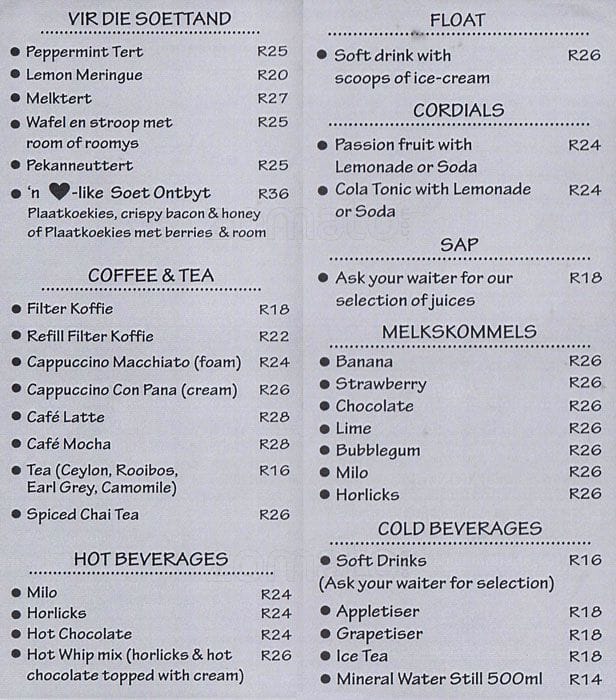 Menu at Crazy Daisy cafe, Bloemfontein