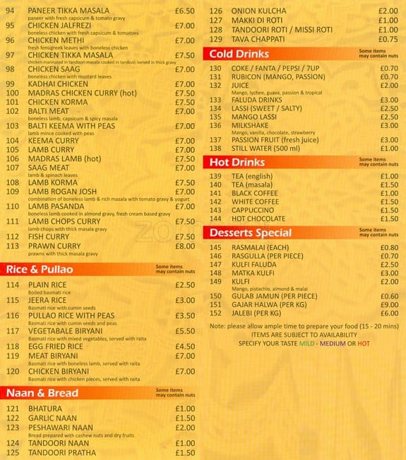 Menu at Chandni Chowk restaurant, Southall, 106 The Broadway