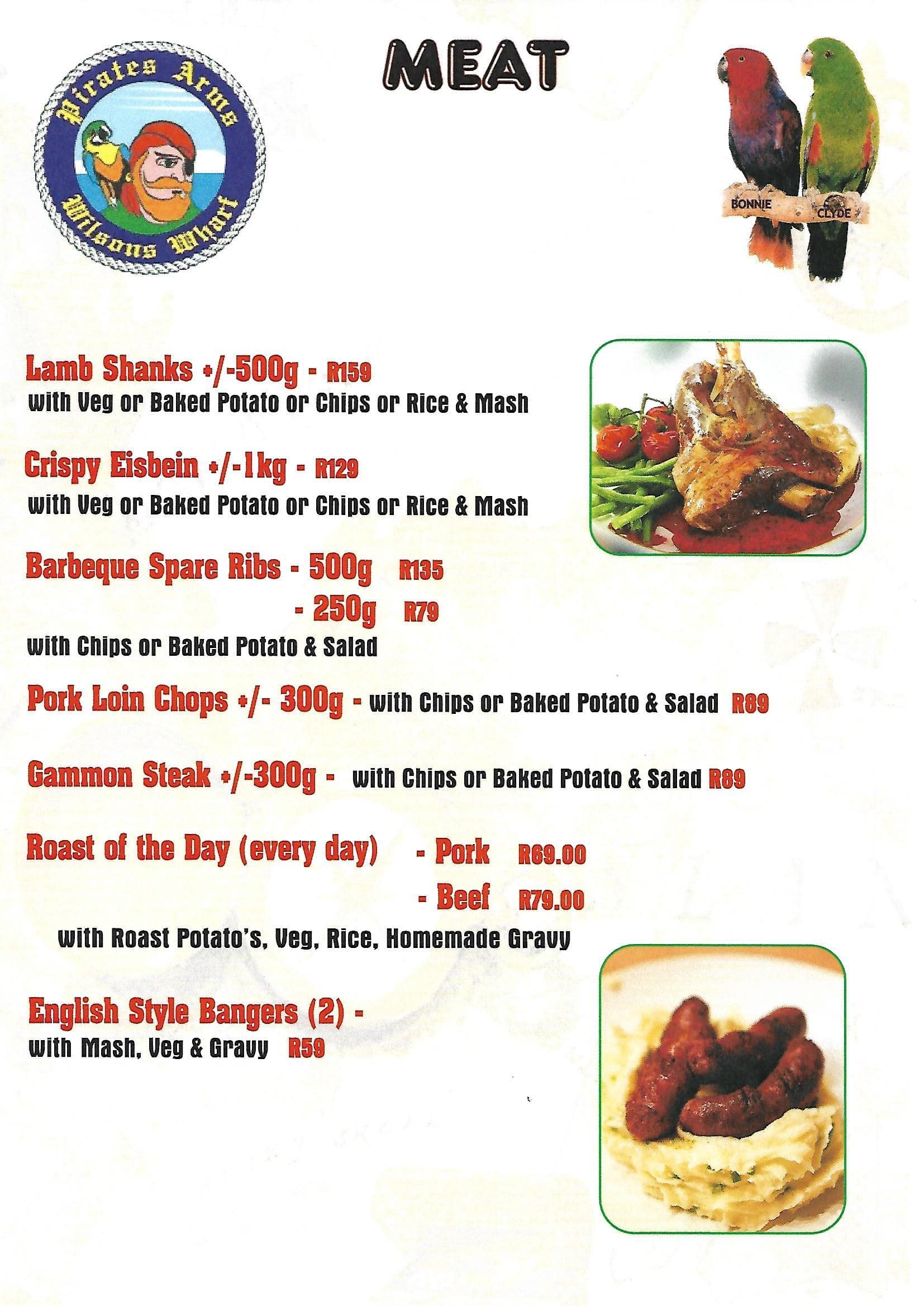Menu at Pirates Arm restaurant, Durban