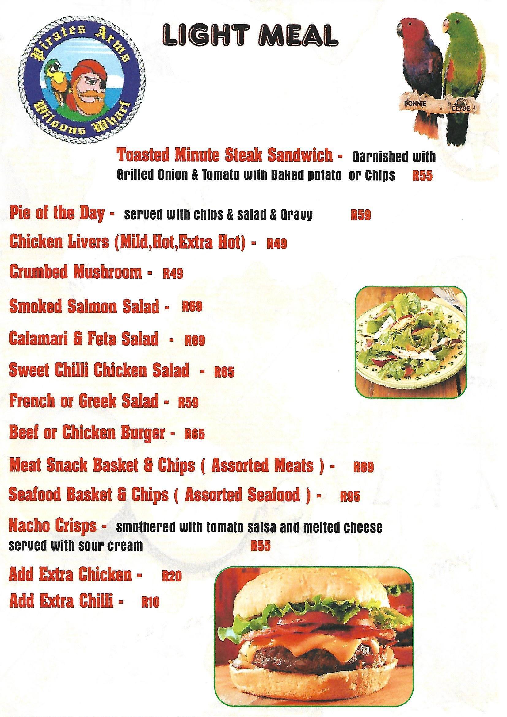 Menu at Pirates Arm restaurant, Durban