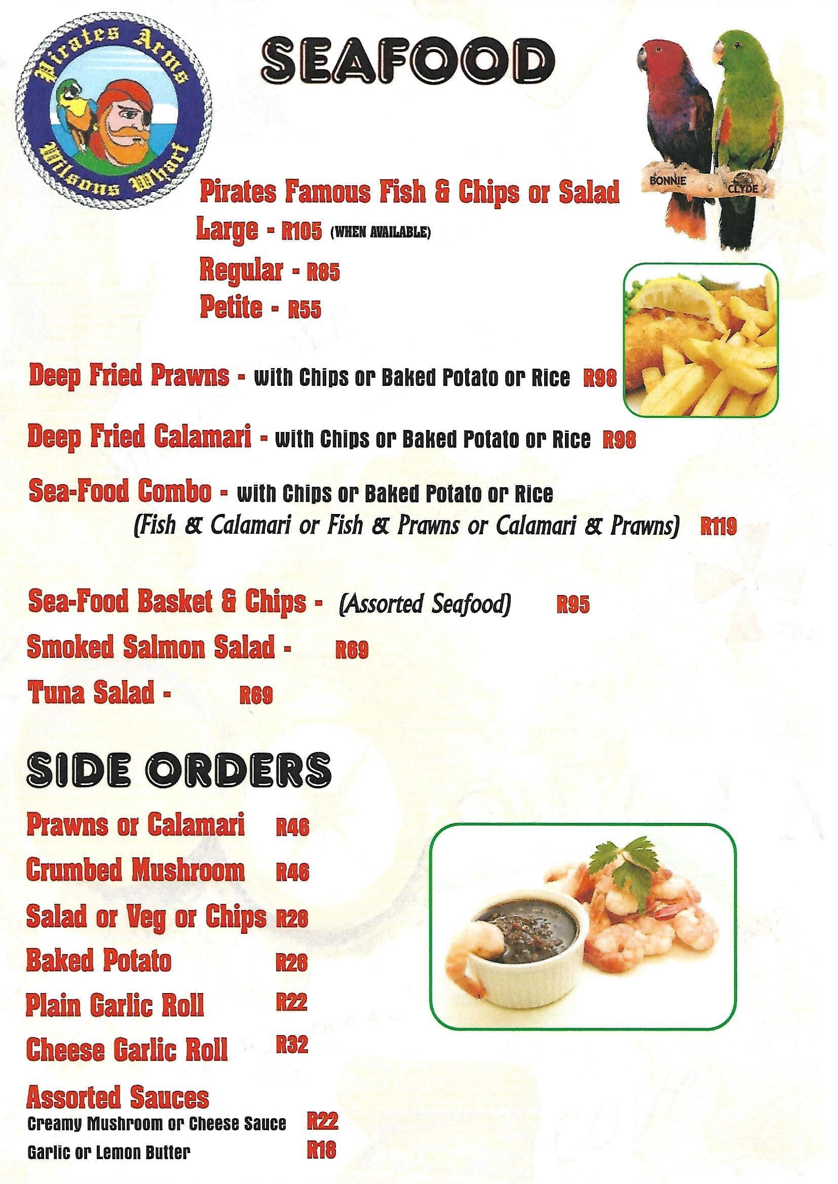 Menu at Pirates Arm restaurant, Durban